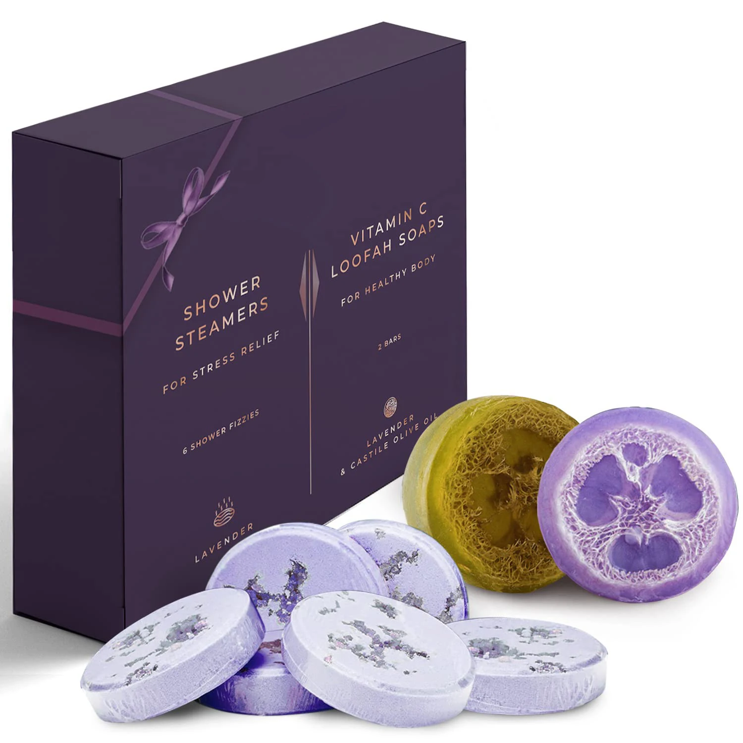2in1 Aromatherapy Shower Kit of 8 Eucalyptus and Lavender Relaxation Bath Bombs Shower Steamers and Exfoliating Loofah Soaps