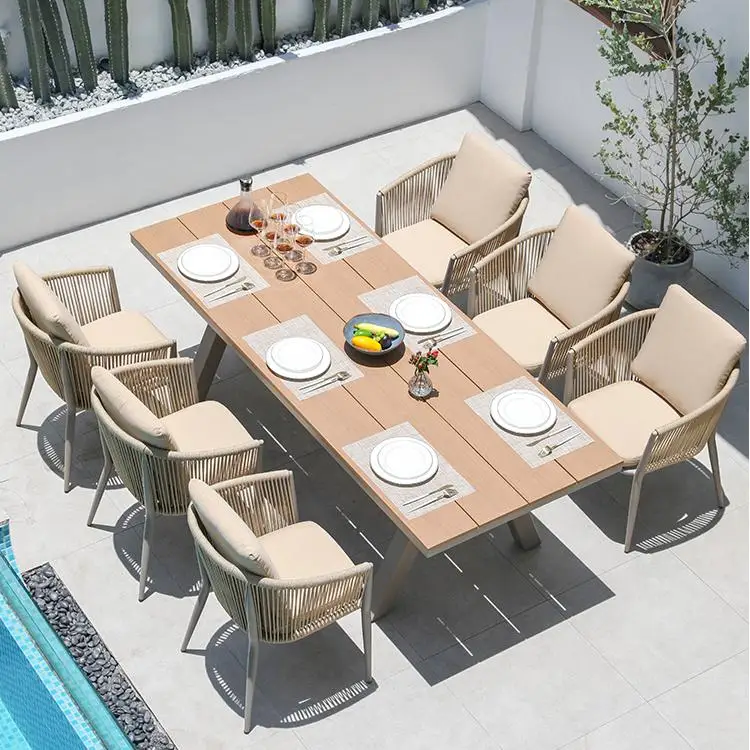 10seat Patio Dining Set Outdoor Furniture  Bench Set PE Rattan Rope Chair Seat Outdoor Furniture Dining Set with Expanding Table