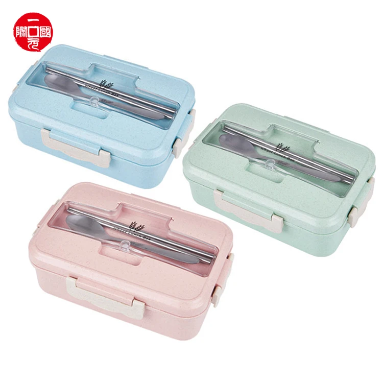 Wheat straw lunch box portable Korean sealed student three grid Japanese plastic storage box creative lunch box
