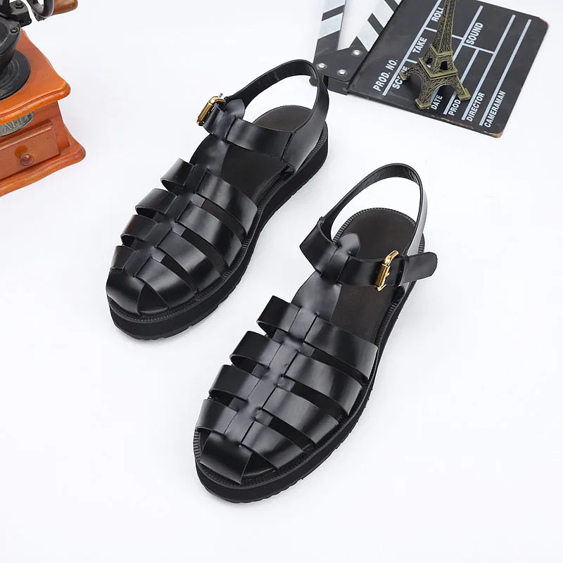 2024 new Simple Black Casual Shoes  round Toe Design  Comfortable Wedge Shoes Lace Up Cross Straps Platform Sandals