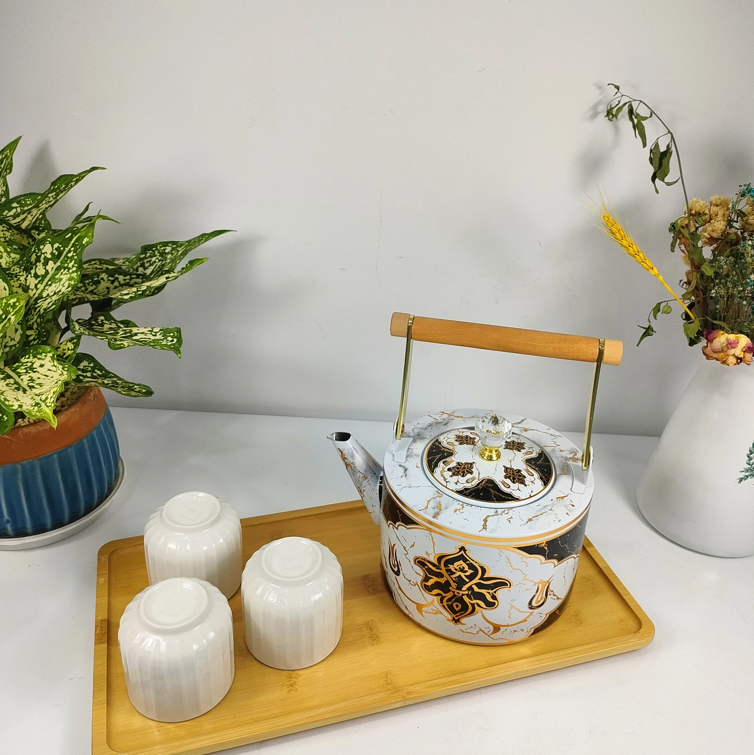 Boyang good quality custom teapot with wooden handle 1/1.5/2L gold plated stainless steel water kettle