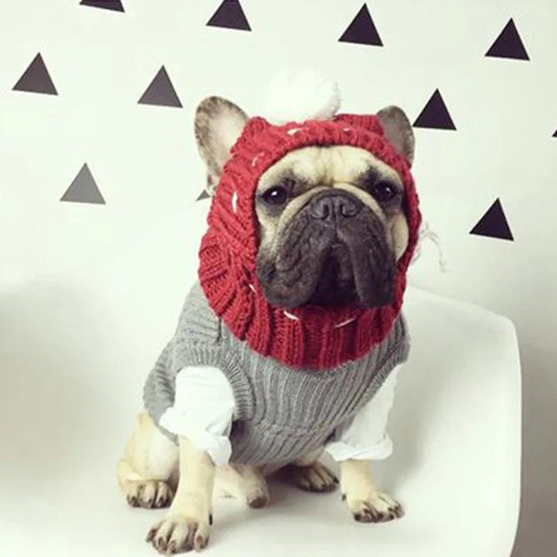 Pet French Bulldog hat colorful cute hat custom woven label winter knitted beanie hat with ball pet dog accessories plush puppy