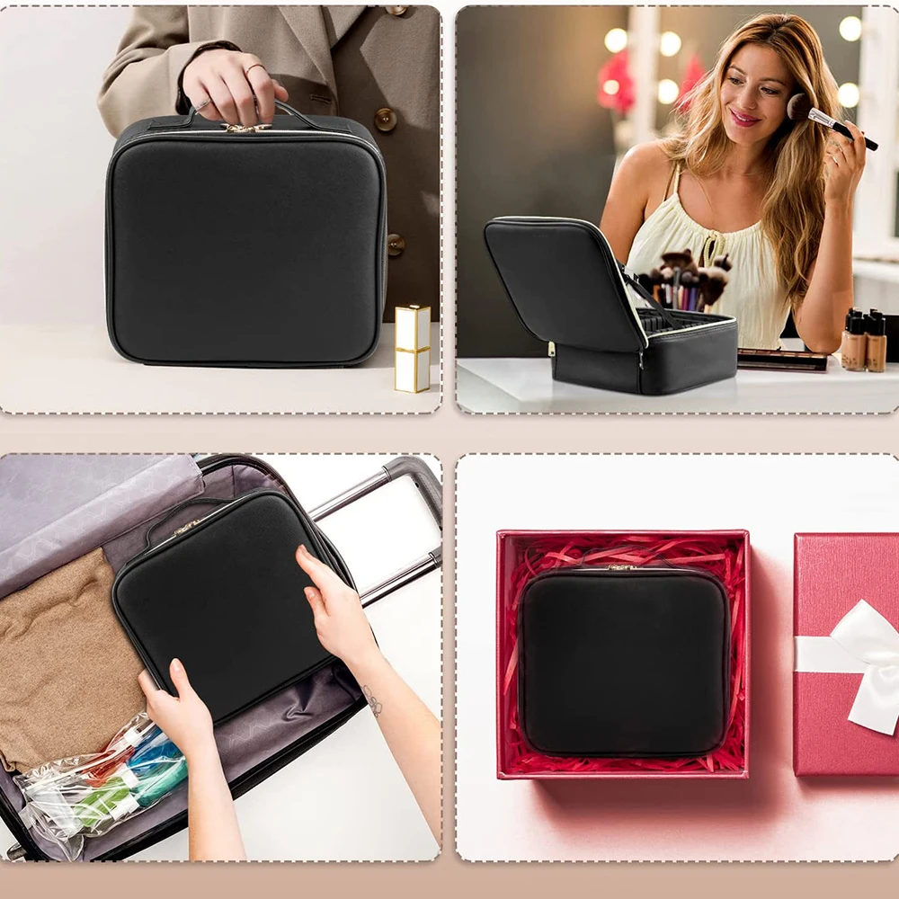 Travel Makeup Bag with LED Cosmetic Mirror Portable Adjustable Light Table Mirror Train Case Organizer with Adjustable Dividers