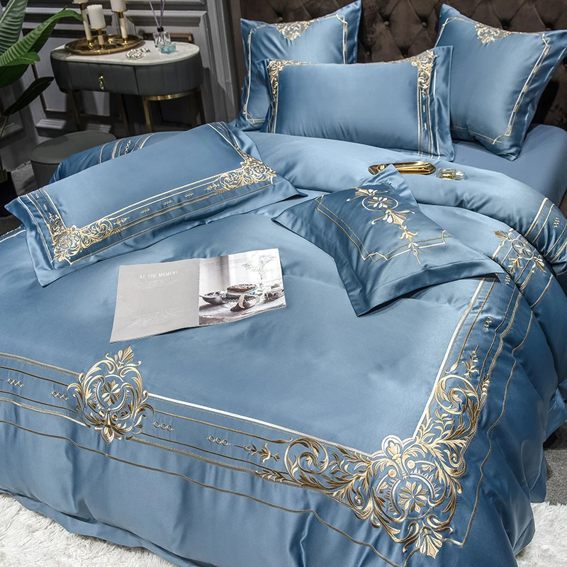 
European Satin Cotton Luxury Embroidery King Size Comforter Fitted Sheet Bed Linen Bedding Set Duvet Cover 