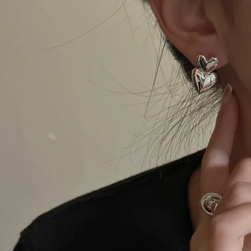 S925 Sterling Silver Korean Style Heart Earrings Heavy Industry Simple Love Studs