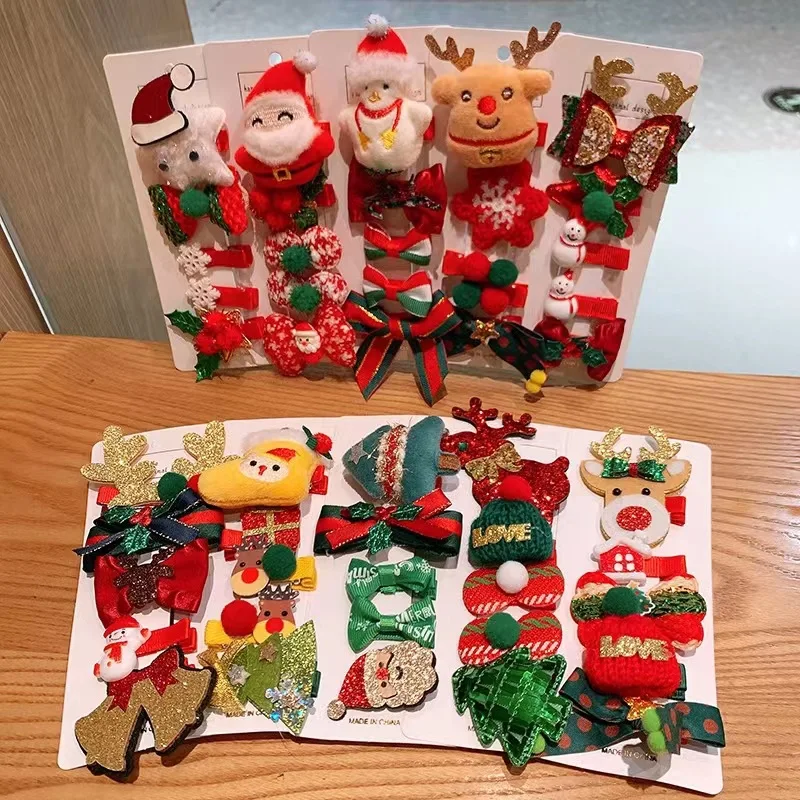 Mylulu Wholesale festival 5pcs set hair bow clip gift cute red santa elk and bowknot christmas hairpin for kids