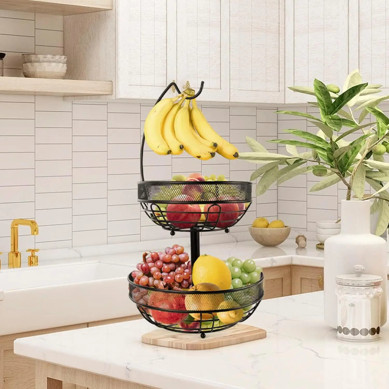 Custom 2-Tier Fruit and Vegetable Basket with Banana Hanger Kitchen Counter 2 layers Sturdy Metal Fruit Bowls
