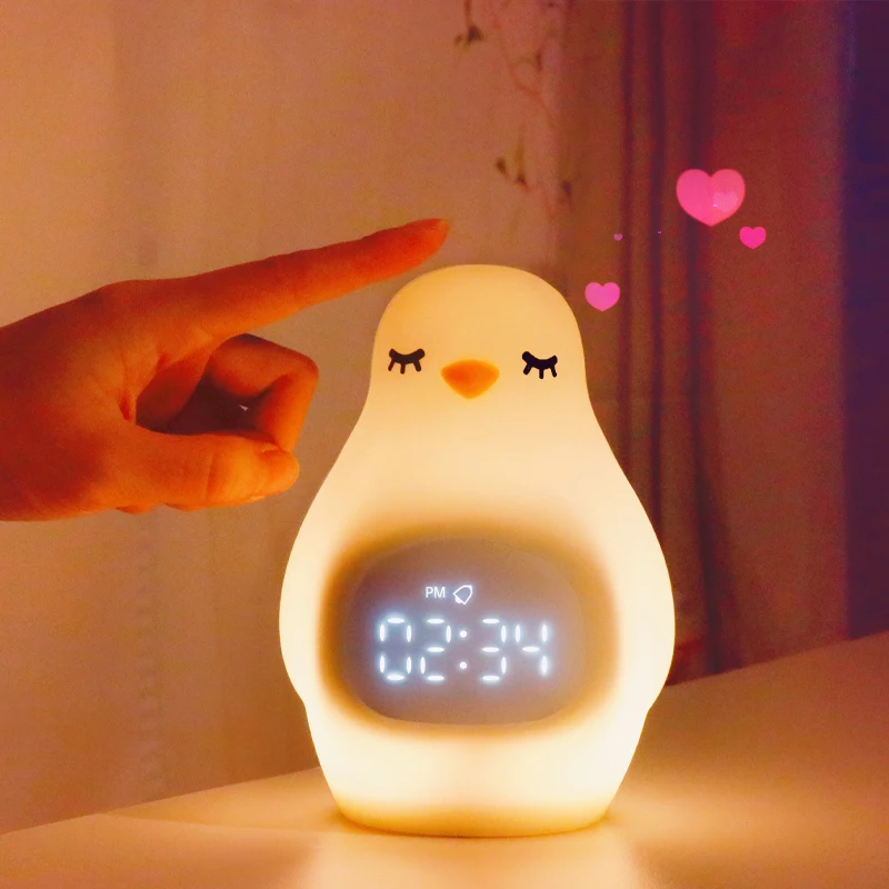 Amazon Best Selling Cartoon Penguin Rechargeable children kids sleep trainer alarm clock night light