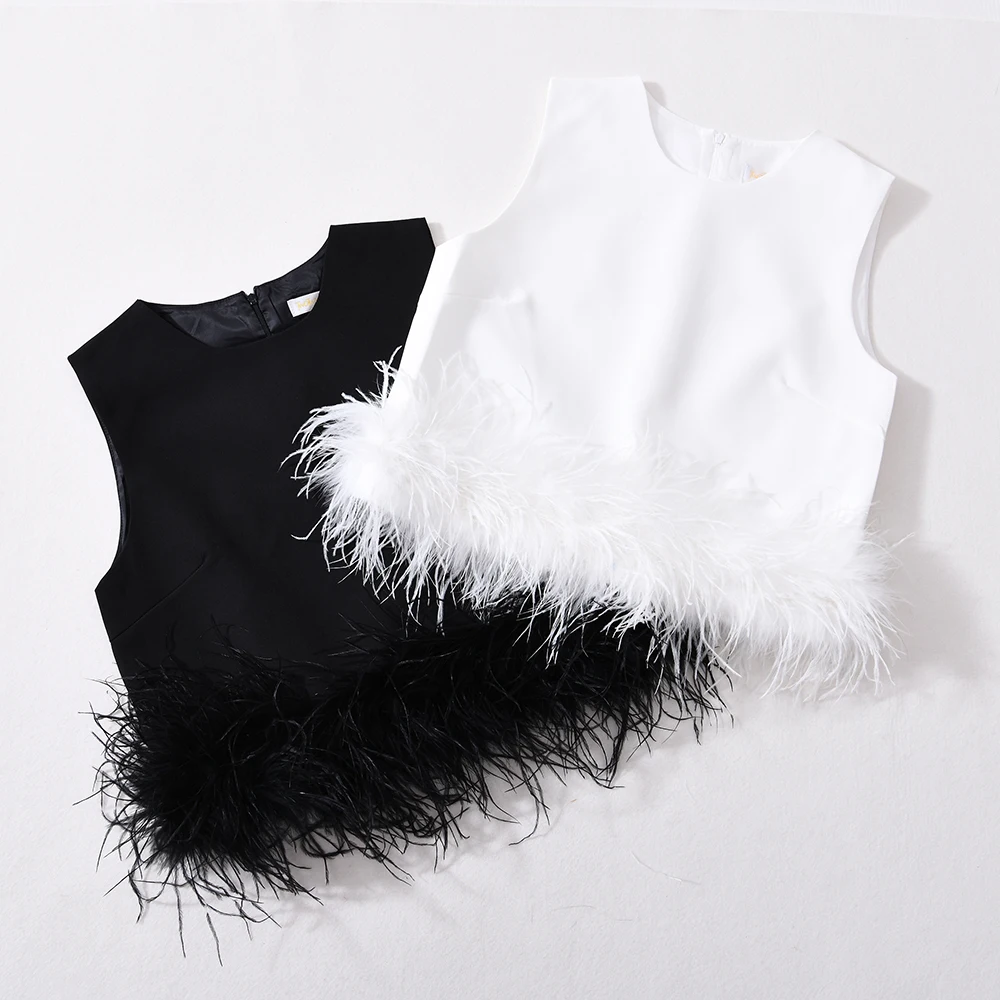 Wholesale Summer Ladies Sleeveless Round-neck Feather Trim Crop Tops Womens Tank Tops Custom Patchwork Vest Ostrich Feather Top