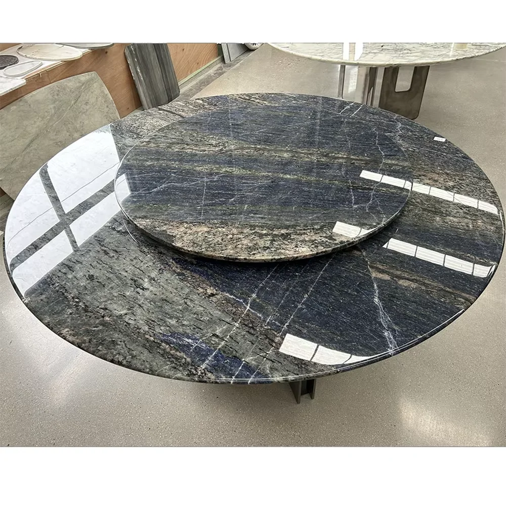 Black Dark Grey Color Circular  Natural Stone Table Premium Quality Double-deck Dining Table Luxury Style Decoration