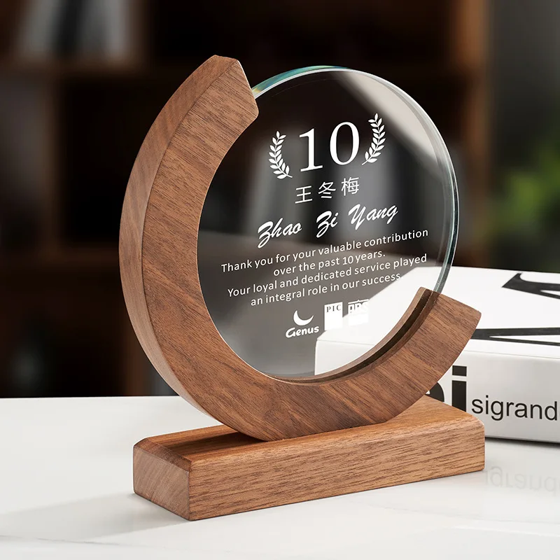 Solid Wood Crescent-Shaped Custom Crystal Trophies Award Trophy Enterprise Annual Meeting Souvenir Products