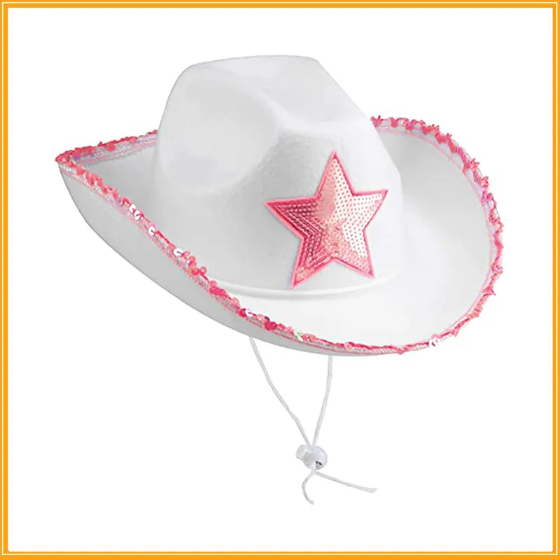 White Cowgirl Hat Felt Princess Hat With Pink Sequin Star For Dress-Up Parties and Play Costume