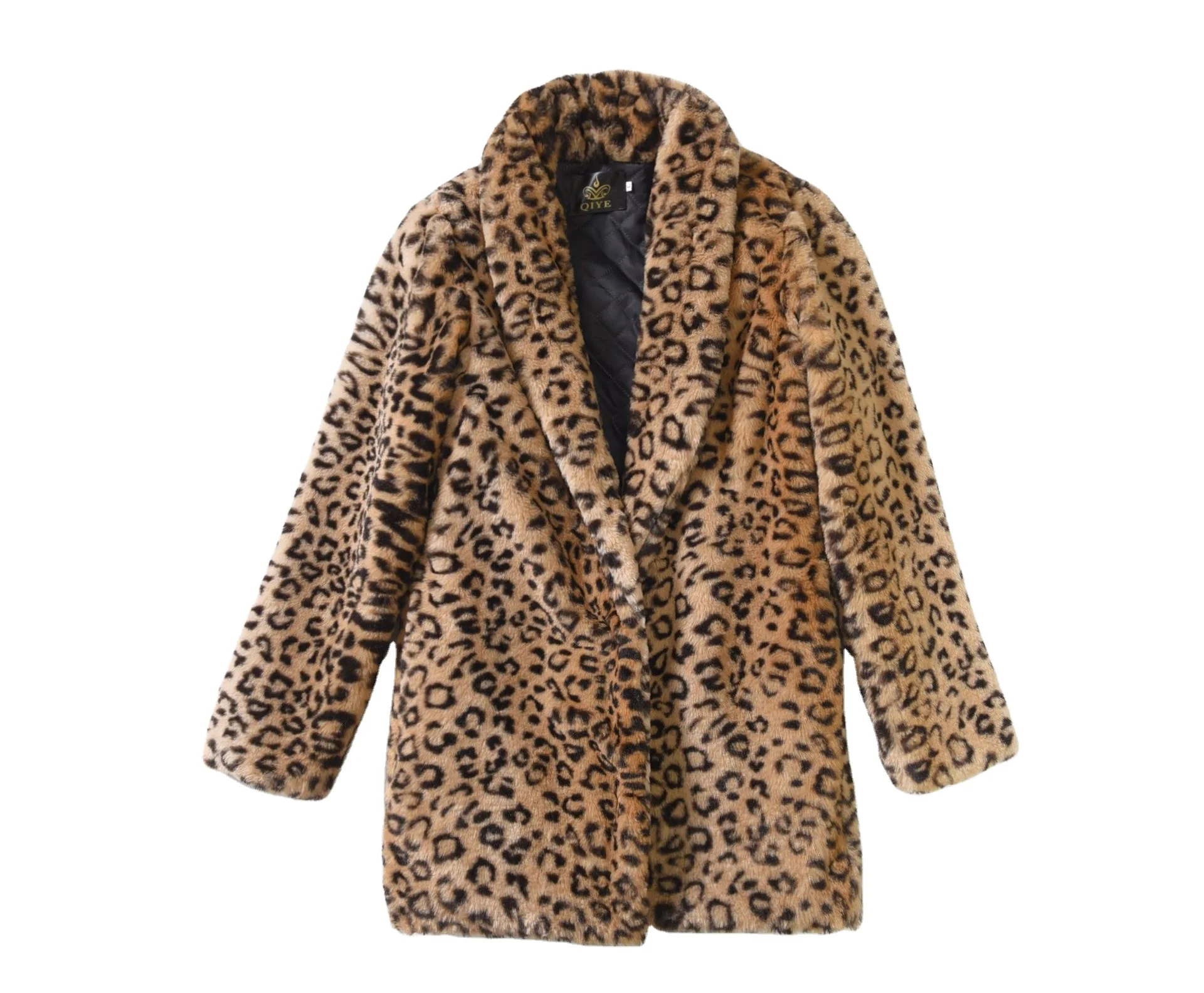 Women vintage turn down collar lapel leopard print faux fur coat Winter cardigan coats