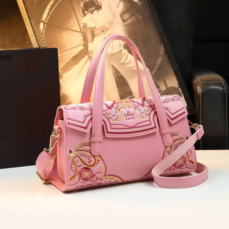 high grade leather embroidery designer zipper handbag advanced PU flower embroidery tote bags