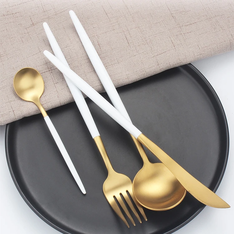 hotel supplies golden catering utensils gold white cutlery set design stainless spoon and fork