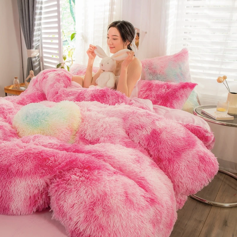 Colored 4-Piece Mink Crystal  Milk Rabbit Velvet Warm Bedding Set Thickened Designer Bedding Sets Comfortable Plush Duvet Fluffy