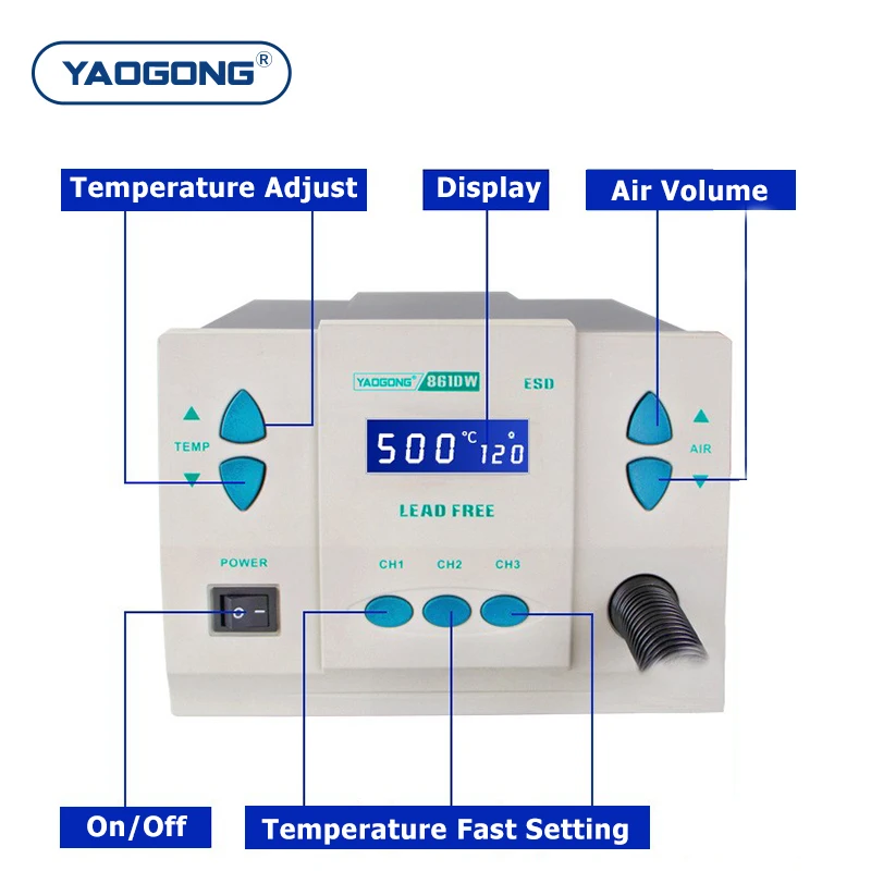 YAOGONG 861DW 1000W Auto Sleep Quick Setting SMD Rework Machine Mobile Phone Repair Tools Hot Air Heat Gun Desoldering Station