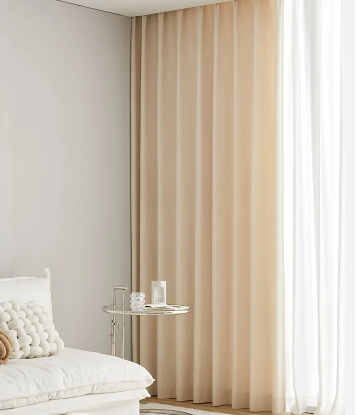 French Light Luxury Cream Color Velvet Linen Pinch Pleated Curtains For Living Room