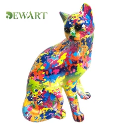 Dropshipping Polyresin Colorful Animals Statue Home Decor Art Graffiti Decal Sitting Cat Sculpture Resin Cat Figurines