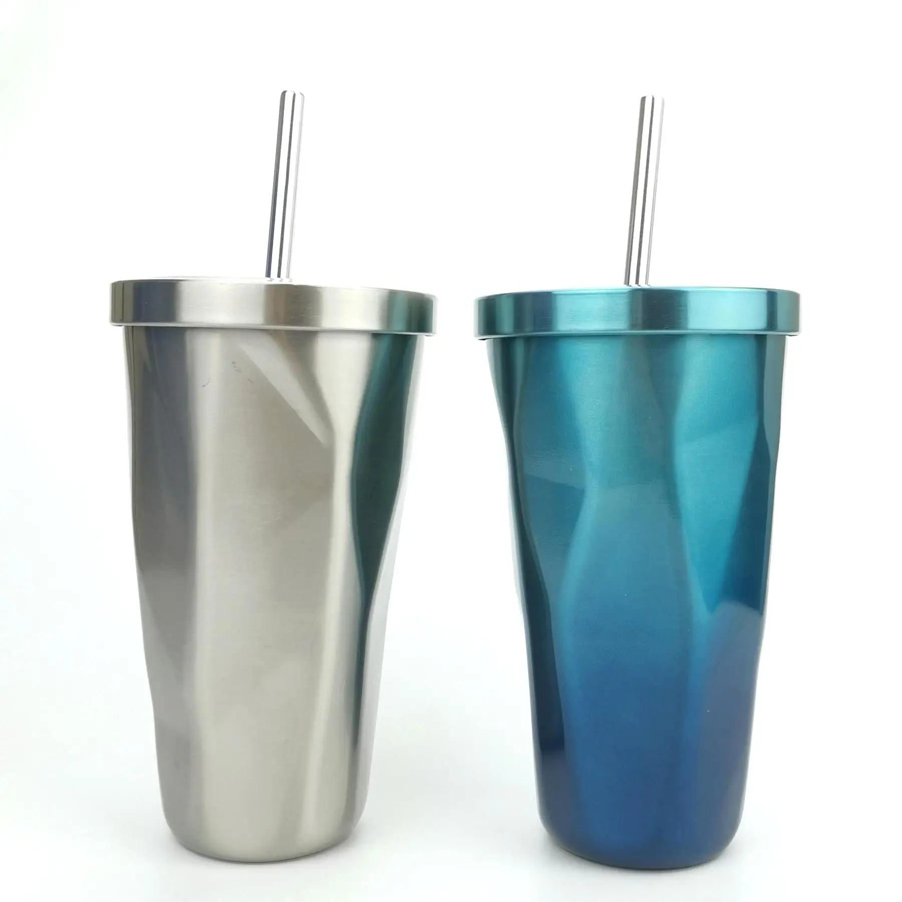 Unique Design 18/8 Stainless Steel Insulated Coffee Cup Handheld Gradient Cup Diamond Shaped Outdoor Tumbler with Straw