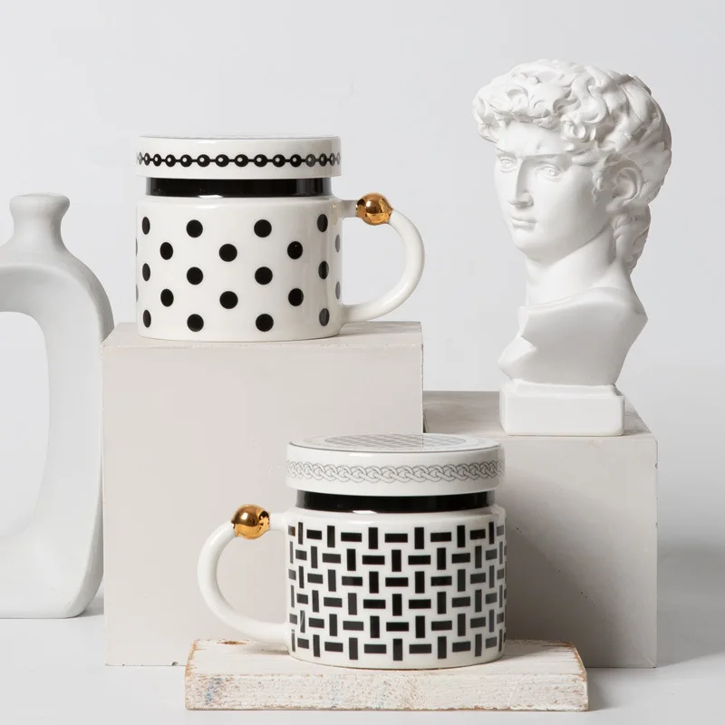 2024 Black and white Polka Dot Hepburn style ceramic mug with lid light luxury gift mug cup