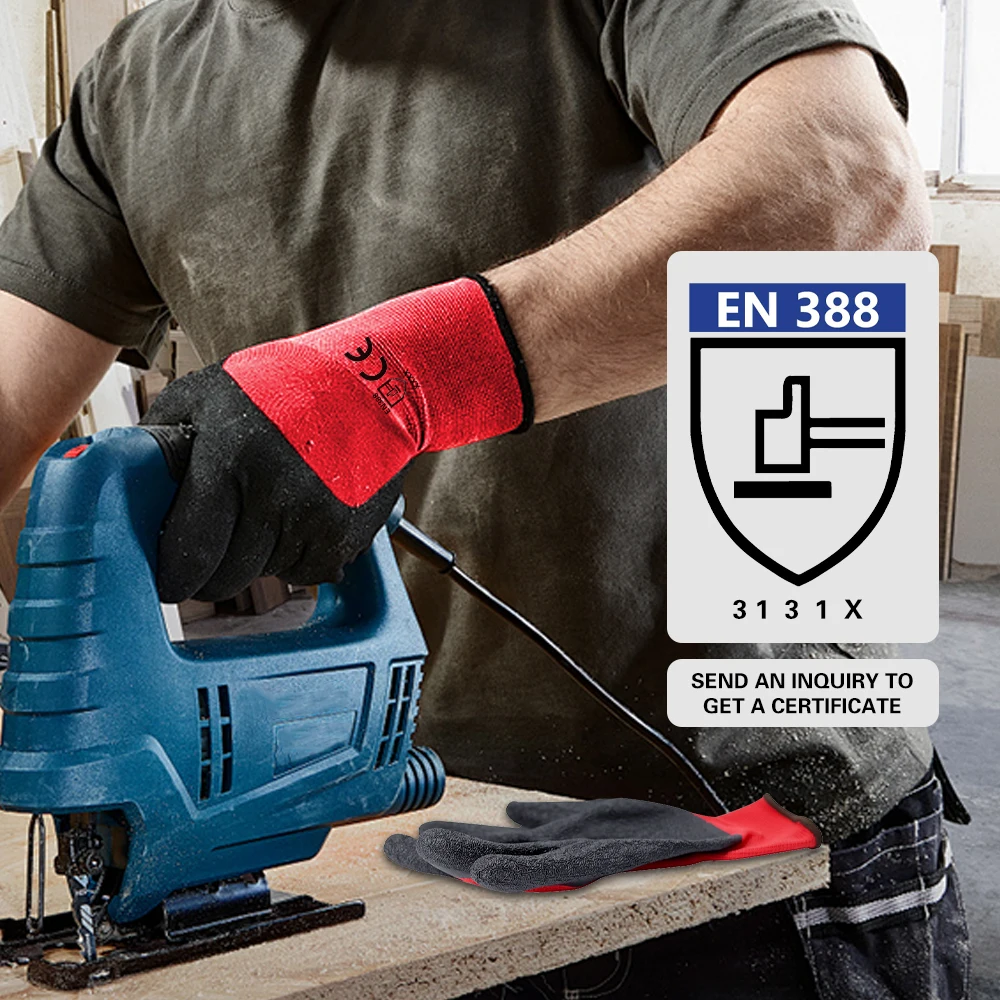 Factory Wholesale 13G red polyester Black Latex finish Construction Gloves Industrial Safety Latex Coated Work Gloves  for work