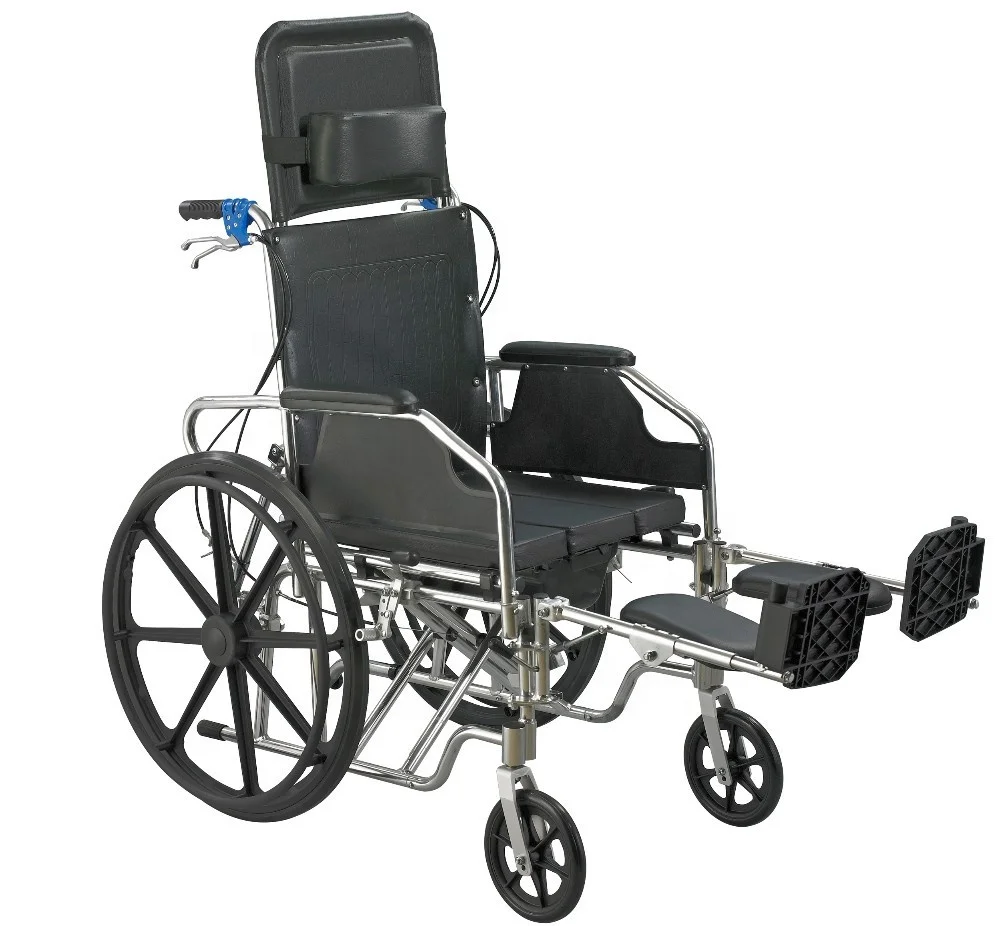 High Quality Steel Reclining High Back Toilet Commode Chair Manual Karma Wheelchair Foldable Function
