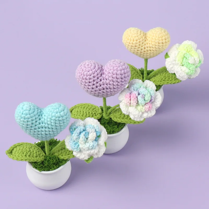Mini Crochet Heart Rose Potted Knitting Flowers Heart Rose Crochet Handmade Decoration Pot Crochet Flowers