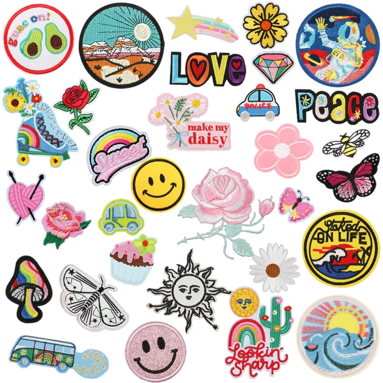Smiley mixed floral embroidery soft PVC patch clothing decoration butterfly embroidery fabric alphabet letter patch