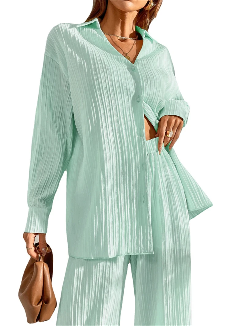 2023 S-XL  dois ternos costume de femme  pleated long sleeve  shirt trousers two-piece suit