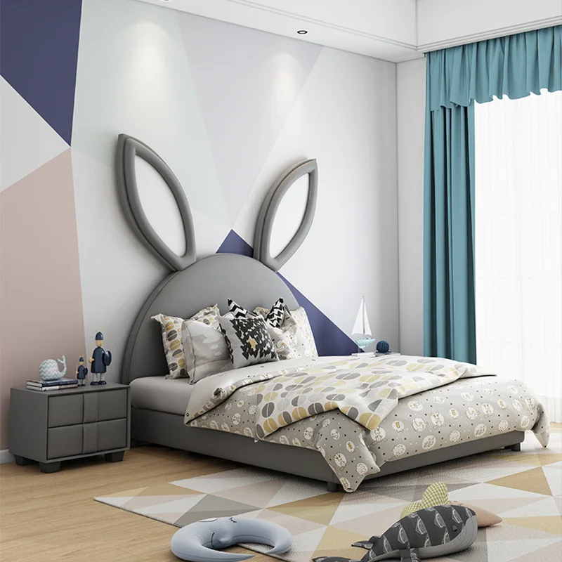 Cute Pink Bunny Ears Design Children Beds Solid Wood Double Kids Beds Cartoon Animal Shape Bedroom Furniture