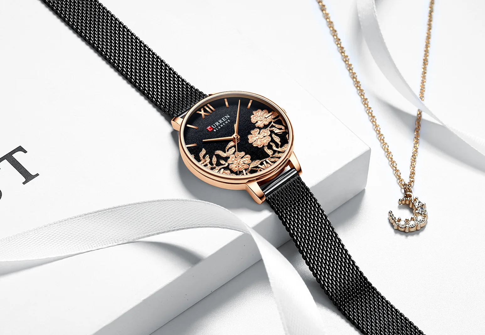 High end 9065 Curren roman digital scale display floral texture mesh quartz women watch exquisite fresh