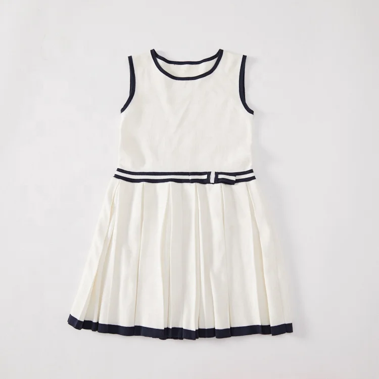 Sweater Supplier White Sleeveless Girls Knit Pleated Dress Crew Neck Mid-length Striped Children Sweater Dresses