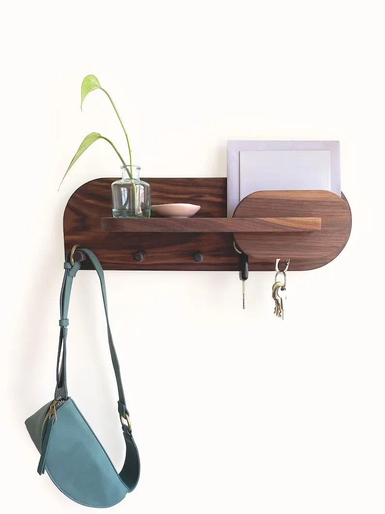 Customization Wooden Entryway Organizer Key Holder Wall Mount Coat Rack Mail Organizer wood key storage shelf and holder