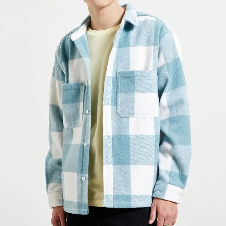 Mens wool plaid shirts light blue and white shirts with two big chest pockets OEM