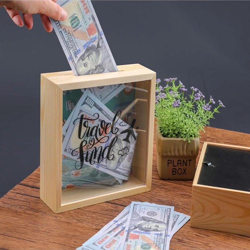 Adults Coin Cash Money Saving Box Decorative Shadow Box Wooden Frame Piggy Bank Glass Natural Windows for Kids with Transparent