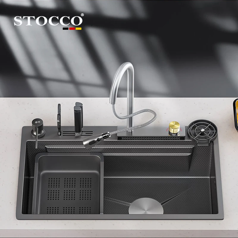 luxury modern draining single bowl 304 stainless steel multifunction kitchen sink black waterfall faucet kitchen sinks