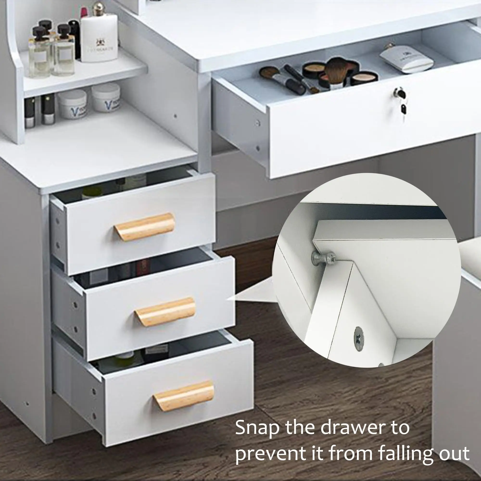 modern wooden dressing table with mirror makeup vanity with light charging station 3 drawers and cabinets for bedroom