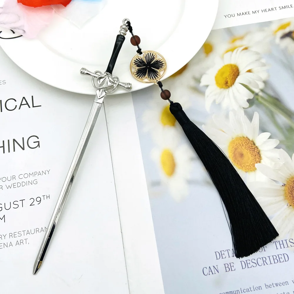 GEERDENG Ancient Chinese Sword Ruby Pendant Hairpin Female Metal Hair Stick Vintage Tassel Hair Forks Hanfu Coiling Hairpin
