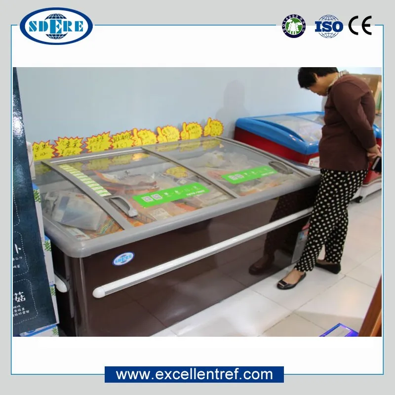 New Style Factory Directly Frozen Foods Fish Deep Chest Island Freezer Showcase Island Chiller with side glass window