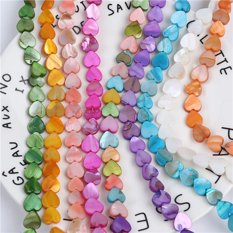 colorful 10mm wholesale heart shape natural mother of pearl shell strand