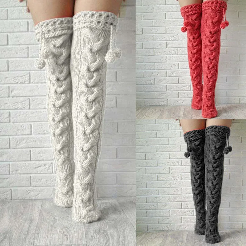 T1414 Hot selling Knitted Socks Plushball Over Knee Extended Long Socks Stacked Woolen Socks for Girls