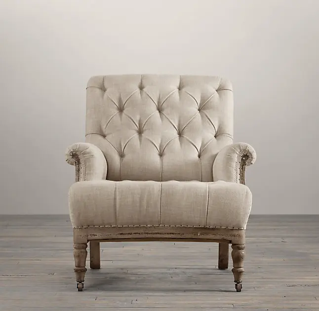 French country style oak wood frame linen upholstery leisure chair retro tufted arm chair wooden furniture for living room