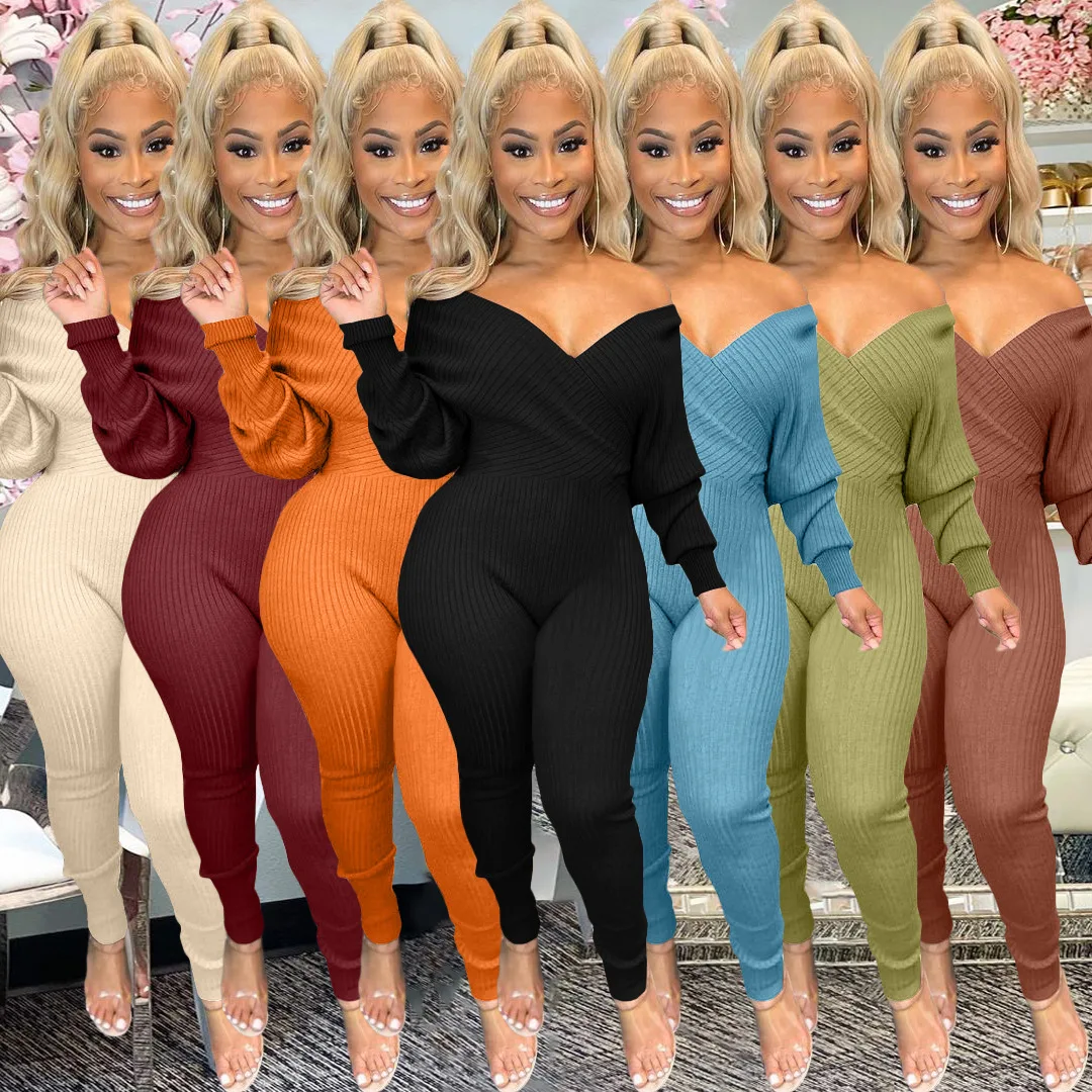 Large V-neck off shoulder threaded slim sexy solid color jumpsuit fall jumpsuits