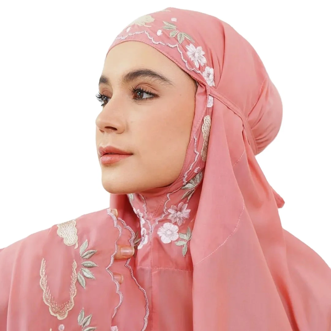 Custom Muslim silk telekung prayer robe embroidered edge high quality prayer dress