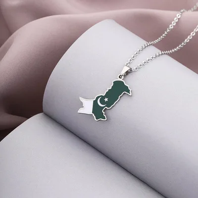 Fashionable Vacuum Plating Titanium Steel Pakistan Map Necklace Stainless Steel Enamel Pakistan Flag Charm Necklace