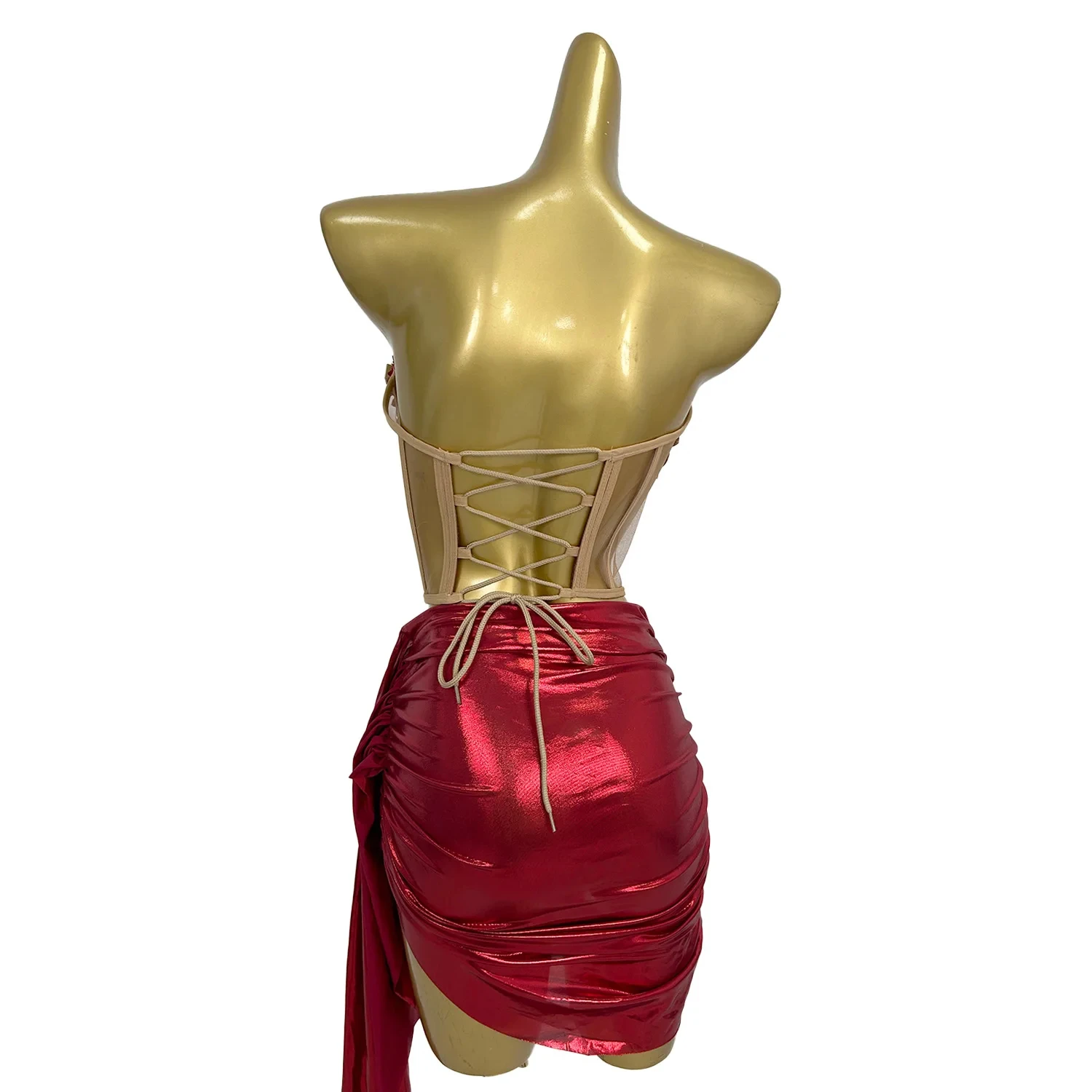 Sexy Red Rhinestone Corset Skirt 2 Piece Outfit Set Party Celebration Show Stage Performance Dance Costume Women Night Club Wear