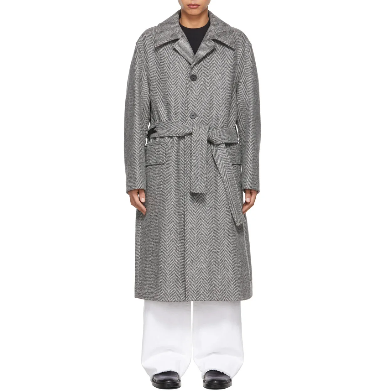 new stylish oversize herringbone pattern long sleeve brushed wool coat for men