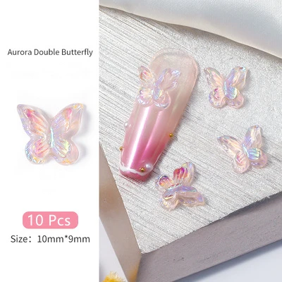 ND896 10pcs Double Crystal Butterfly Design 3D Nail Charms Resin Manicure Jewelry Accessories For Nail Art Decoration