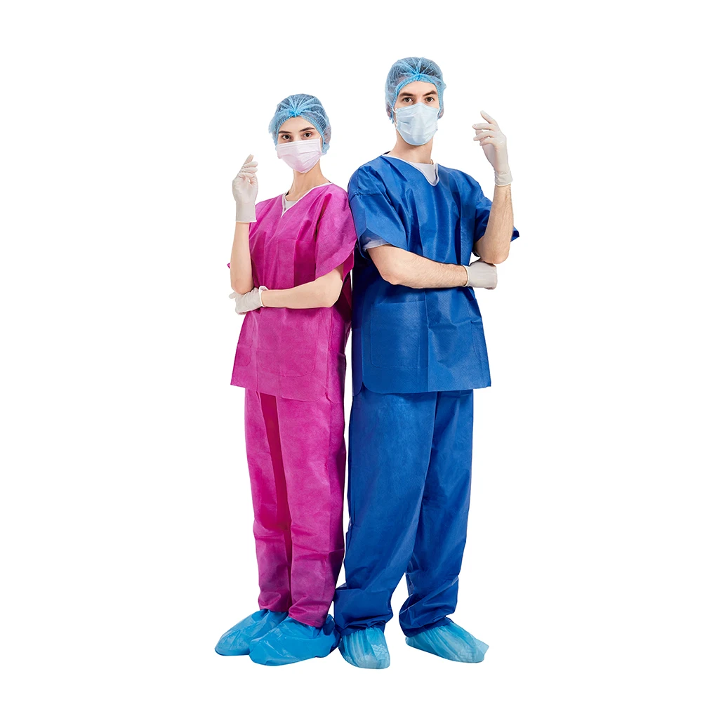 SMS scrub suits uniforms doctors scrub suits hospital using disposable V-neck nonwoven scrubs sets with short open sleeve